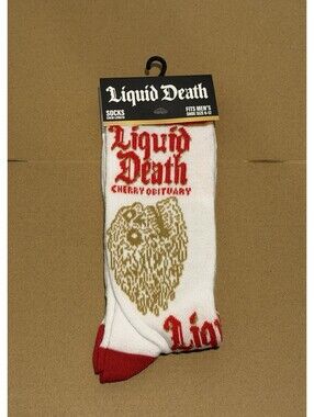 New Mens Liquid Death Cherry Obituary Socks Size 6-12 Crew Length  1 Pair